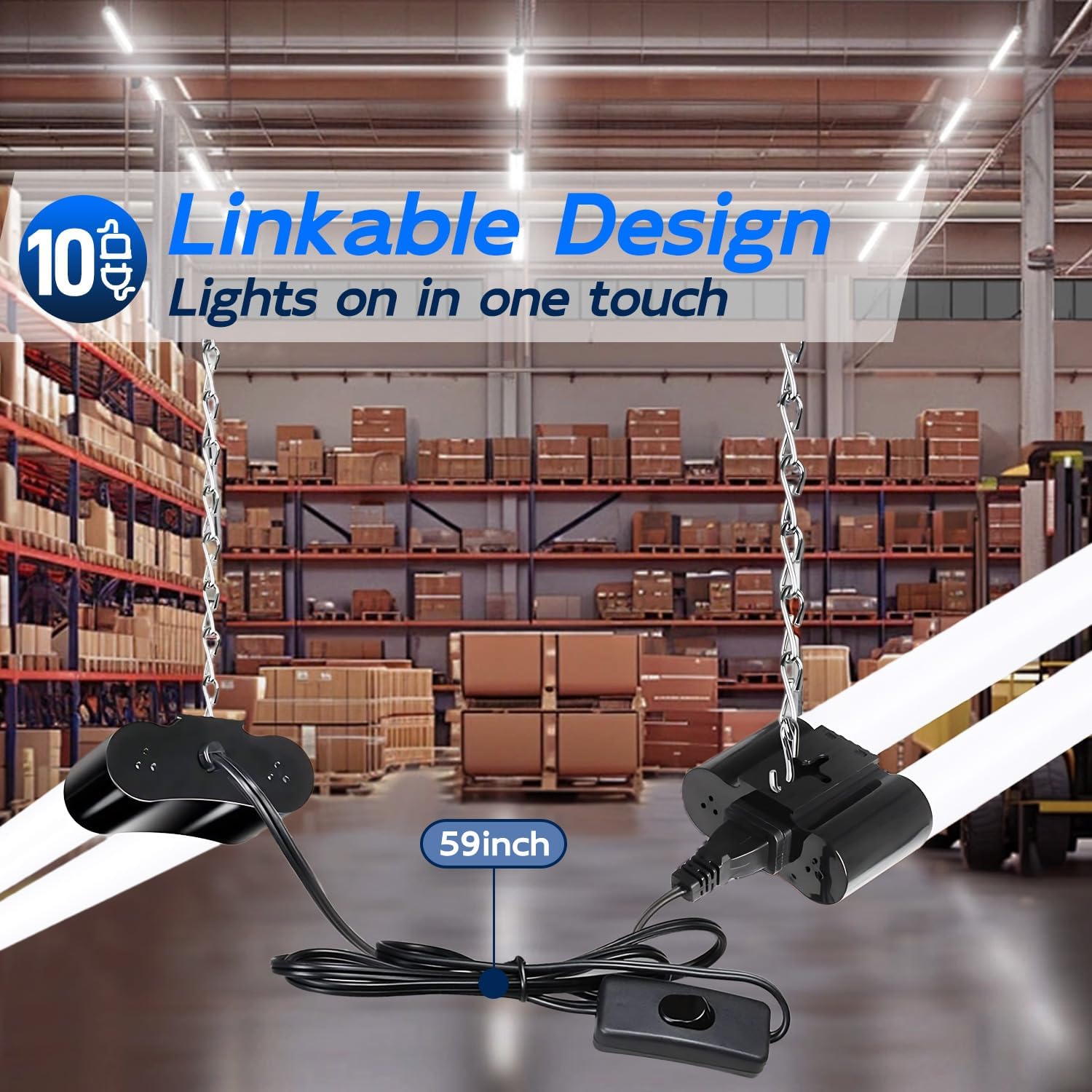 hykolity 10 Pack 4FT Linkable LED Shop Light for Garage, 6500lm, 4FT 60W Utility Light Fixture, 5000K Daylight LED Workbench Light with Plug, Hanging or Surface Mount, Black - ETL