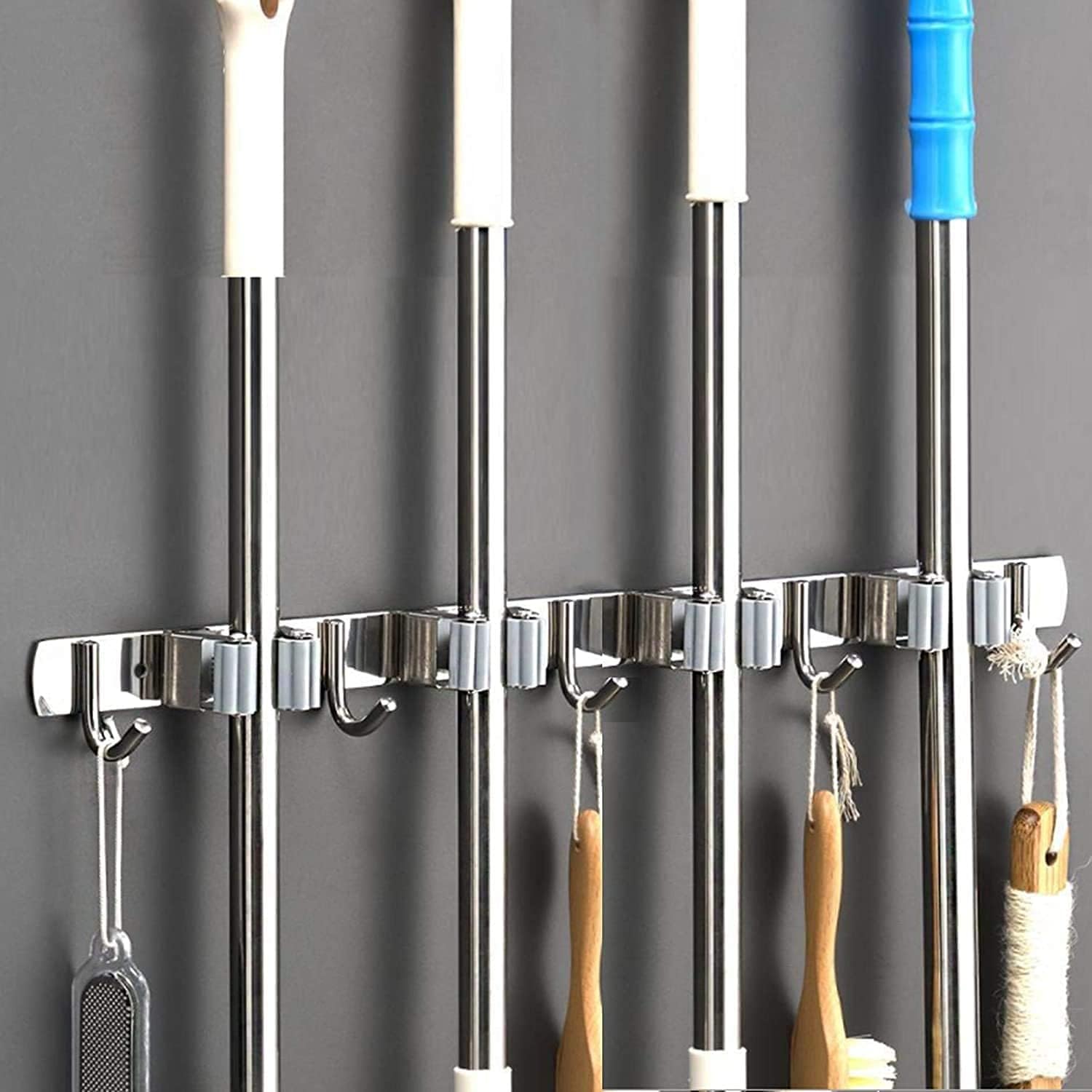 Broom Mop Holder Wall Mount Stainless Steel Tool Hanger Storage Organizer for Home, Kitchen, Garage, Garden, Laundry Room, Bathroom Organization and Storage(4 Racks 5 Hooks)