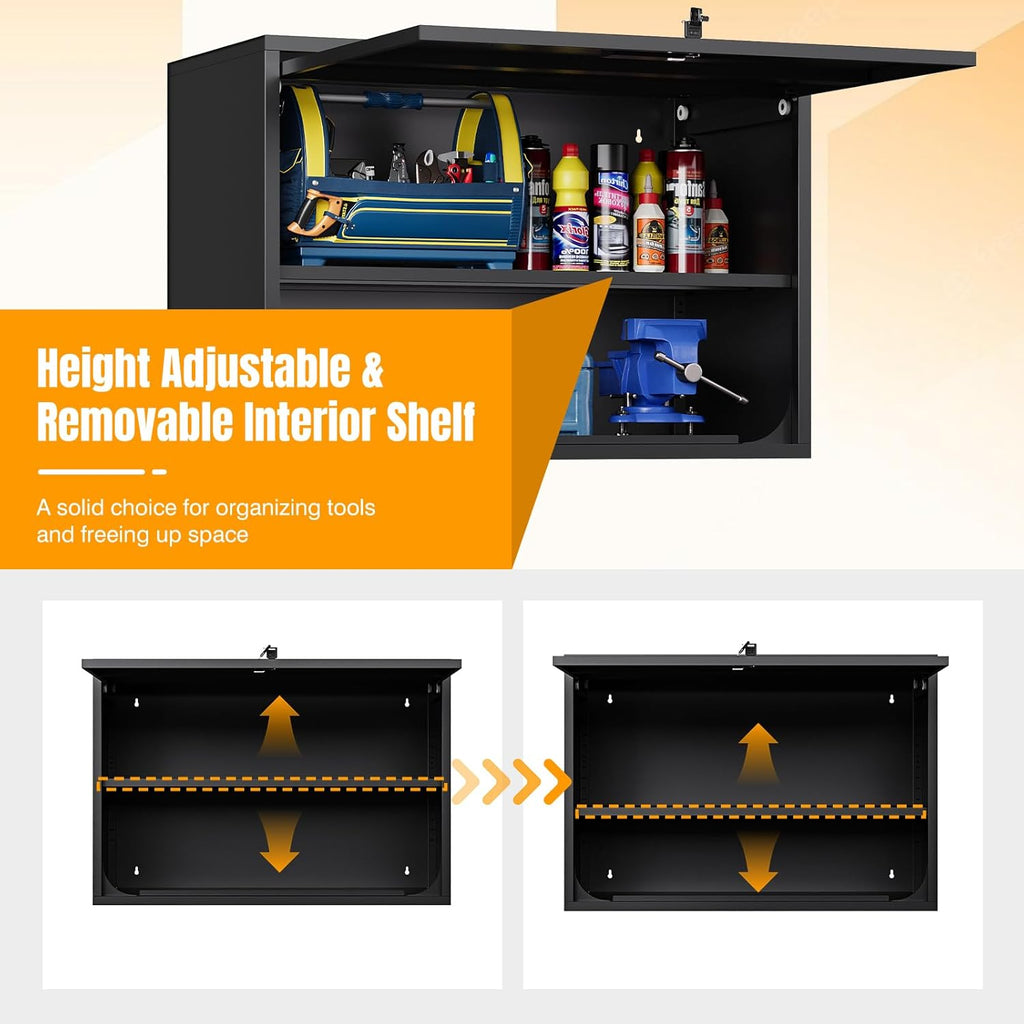 Metal Wall Storage Cabinet Adjustable Shelf 22'' Tall Steel Garage Wall Mounted Cabinet Lockable Floating Garage Storage Shop Trailer Tool Assembly Required