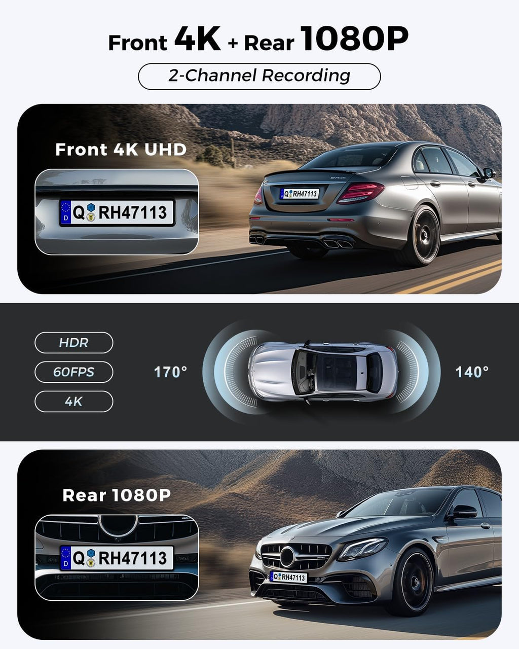 Dash Cam Front and Rear: 4K+1080P FHD Dual Dash Camera for Cars with Night Vision, 2 Channel HDR Dash Camera, 24H Parking Mode Car Camera, Built-in GPS, WiFi 6, Free 64GB Card
