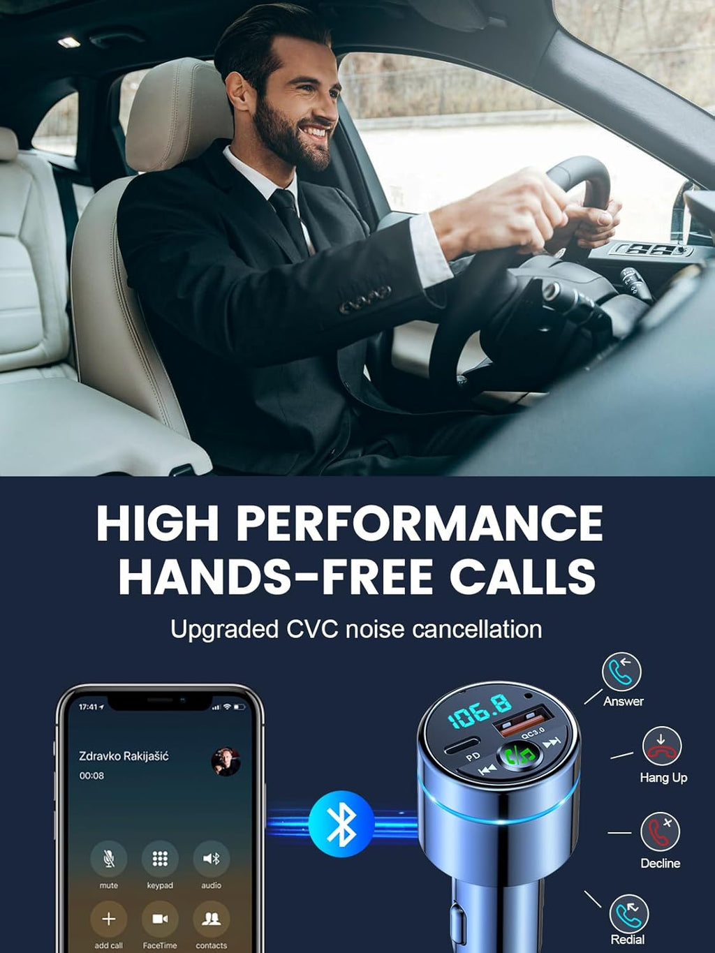 FM Transmitter for Car Bluetooth 5.3, All-Metal PD 20W & QC3.0 18W Fast Charger, Wireless FM Radio Car Kit Bluetooth Adapter, Noise Cancelling Hands-Free Call, Hi-Fi Music, Ring Light