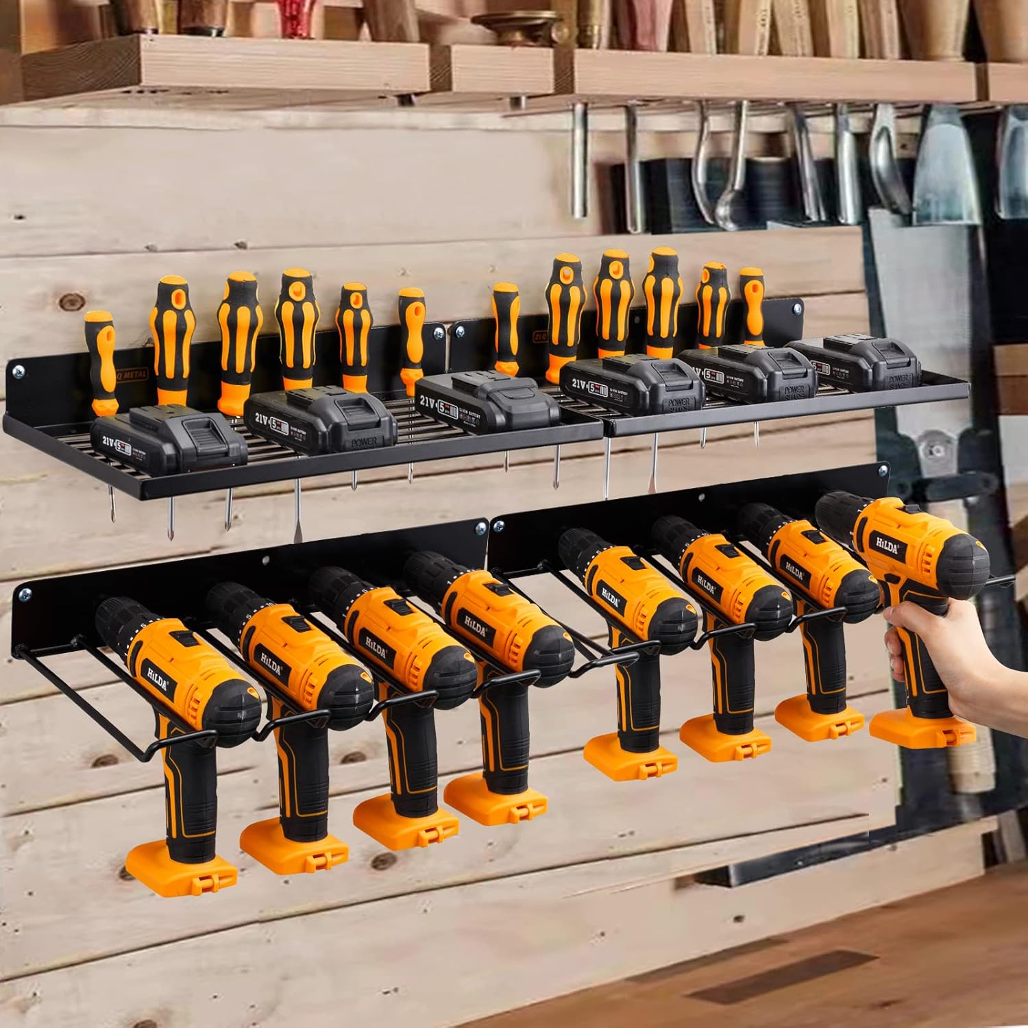 Power Tool Organizer with Charging Station, Drill Holder, Wall Mount, Garage Storage Shelves, Heavy Duty Pegboard Wall Organizer Set, Solid Metal, Black, 2 Pack, 4 Set