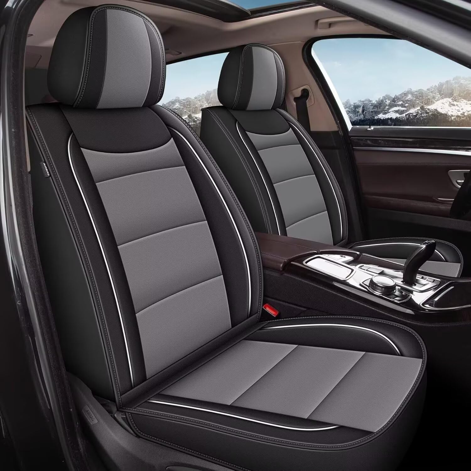 YORKNEIC Leather Car Seat Covers Fit for Hyundai Kona 2018-2025: 5 Seats Full Set Seat Covers - Waterproof Auto Seat Protector Compatible Airbag (Black&Grey)