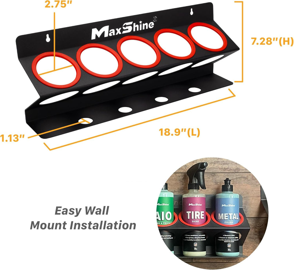 Maxshine Universal Detailing Spray Bottle Holder - Mobile Detailing & Car Garage Organizer, Holds 5 Sprayers (16oz) with 4 Small Holes, Lightweight Design, Easy Wall Mounting (Set 1)