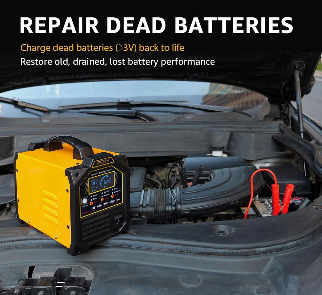 12V 24V Car Battery Charger Heavy Duty, 0-15A Automatic Battery Maintainer, Smart Trickle Charger with Auto Shutoffs, Repair, Winter Mode, for Automotive Car Truck Motorcycle RV AGM Deep Cycle