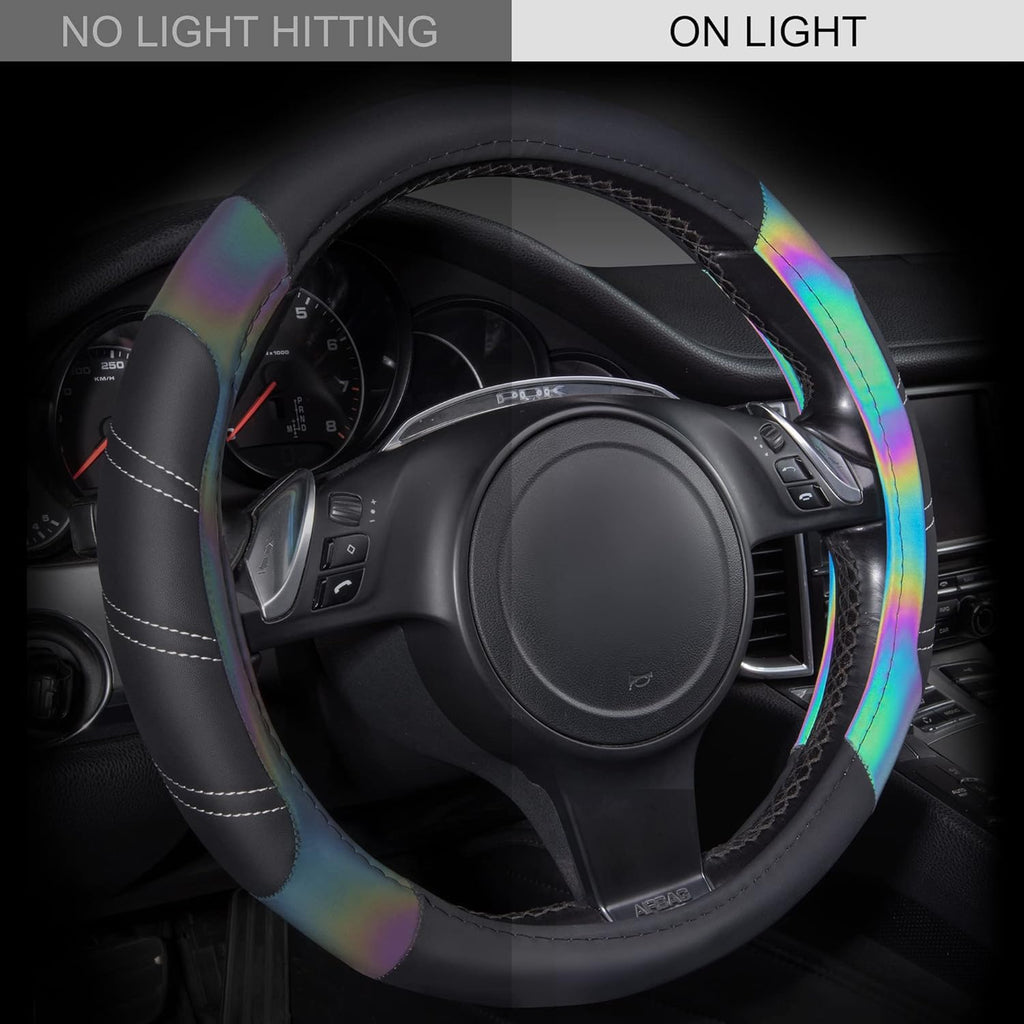 CAR PASS Line Rider Microfiber Leather Sporty 14.5-15 inch Steering Wheel Cover Universal Fits for 95% Truck,SUV,Cars, Anti-Slip Safety Comfortable Design (Black Reflective)