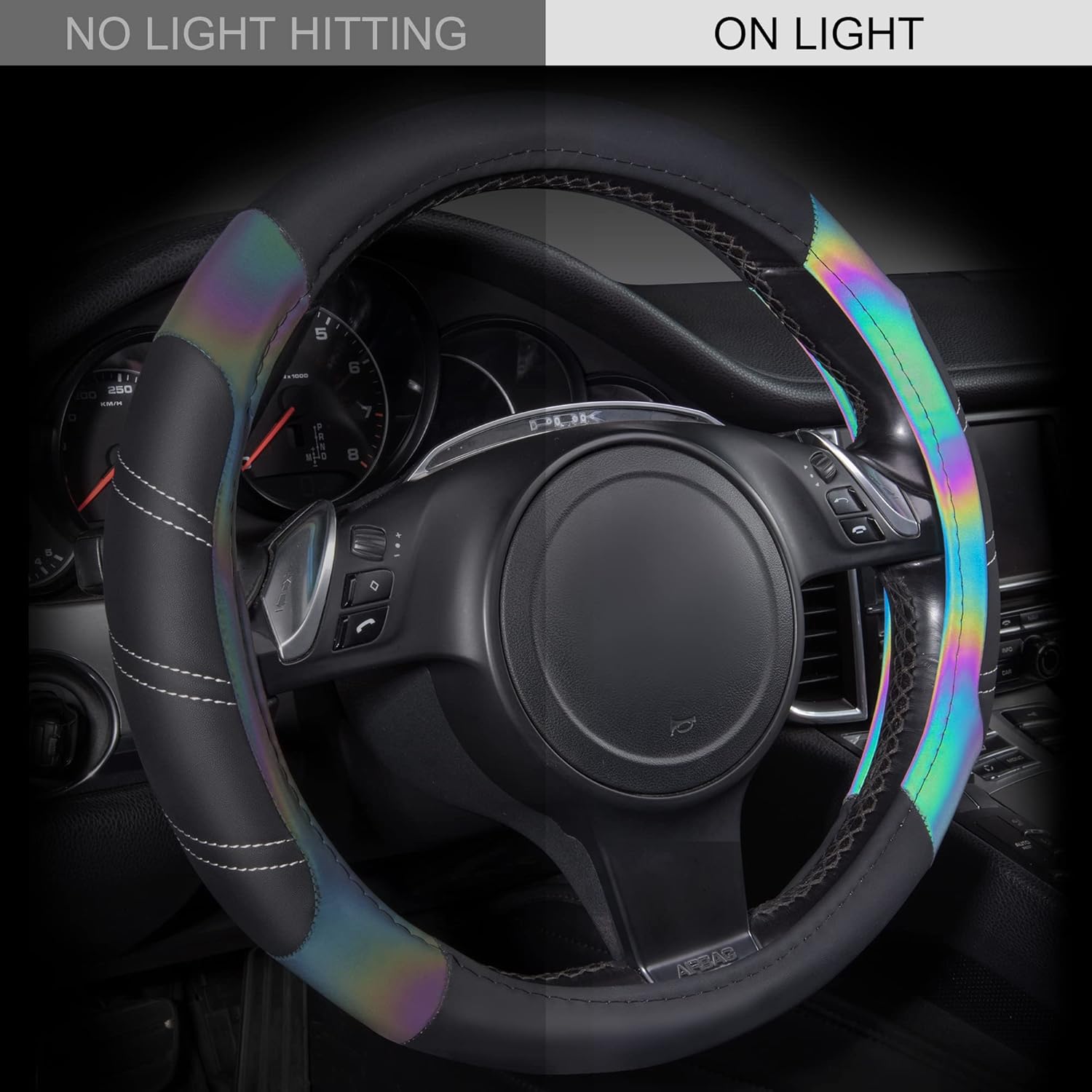 CAR PASS Line Rider Microfiber Leather Sporty 14.5-15 inch Steering Wheel Cover Universal Fits for 95% Truck,SUV,Cars, Anti-Slip Safety Comfortable Design (Black Reflective)