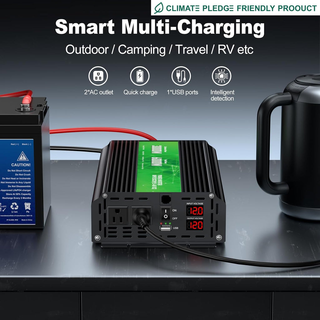 3000W Power Inverter,Peak Power 6000W 12V DC to AC 110V120V,Remote Control with 2AC Outlets and 2.4USB Port,LCD Display for Power Converter,Outdoor Activities,Emergency,Vehicles Truck RV Solar System