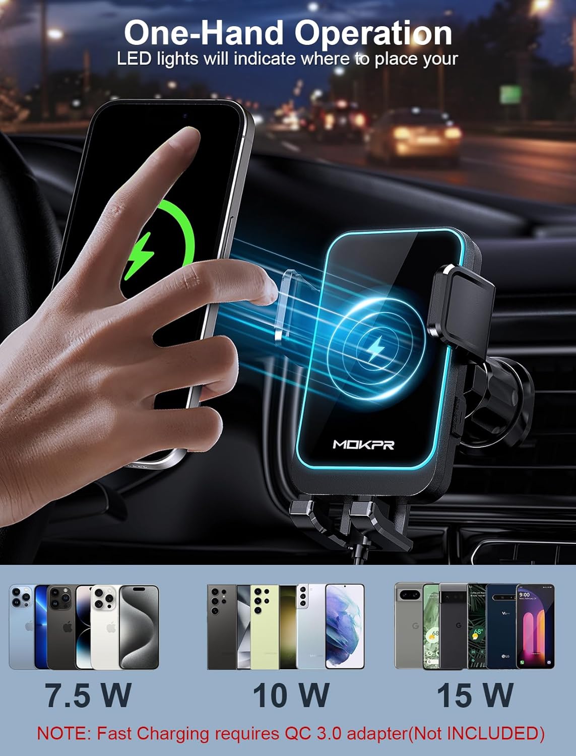 Wireless Car Charger, MOKPR 15W Fast Charging Auto Clamping Dashboard Windshield Air Vent Car Phone Holder Car Charger for iPhone 16 15/14/13/12 Pro Max Plus, Samsung S23/S22/S21,etc