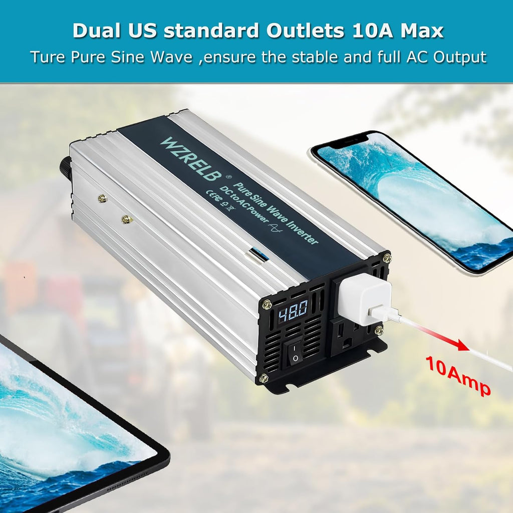WZRELB 1200W Pure Sine Wave Inverter 48V DC to 110V 120V AC Power Converter with LED Display, Off-Grid Portable Power Inverter with 2 AC Outlets for Home, RV, Truck, Camping