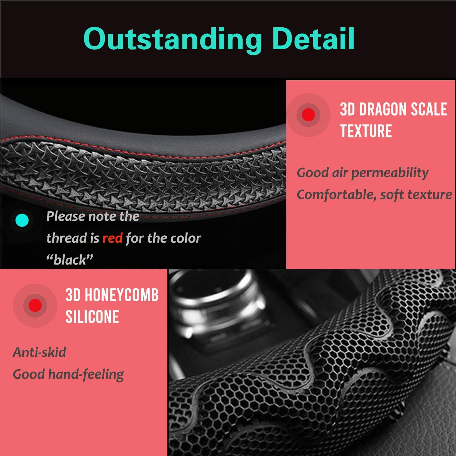 PINCTROT Large Size Steering Wheel Cover Great Grip with 3D Honeycomb Anti-Slip Design, 15.5-15.75 Inch (Black/Red Stitch)