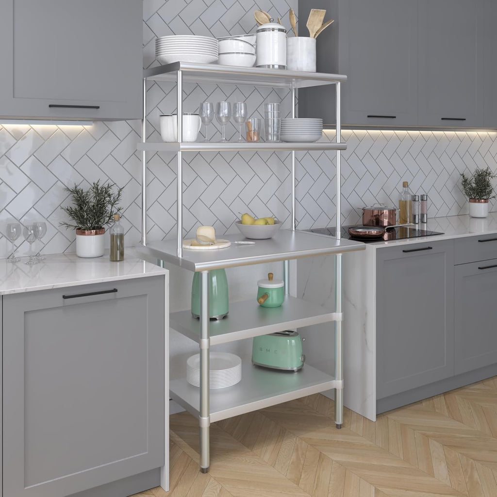 Amgood Stainless Steel Work Table with 2 Shelves | Metal Kitchen Prep Table & Shelving Combo (24" x 36" Table with 2 Shelves + 18" Overshelf)