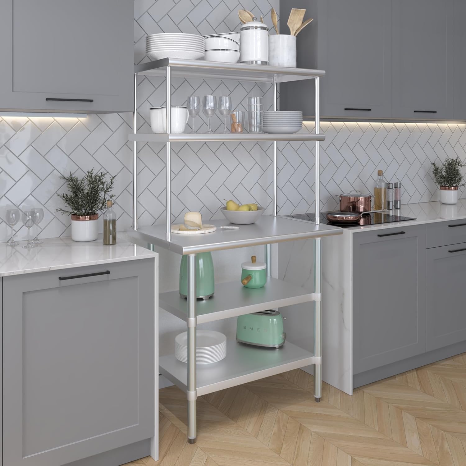 Amgood Stainless Steel Work Table with 2 Shelves | Metal Kitchen Prep Table & Shelving Combo (24" x 36" Table with 2 Shelves + 18" Overshelf)