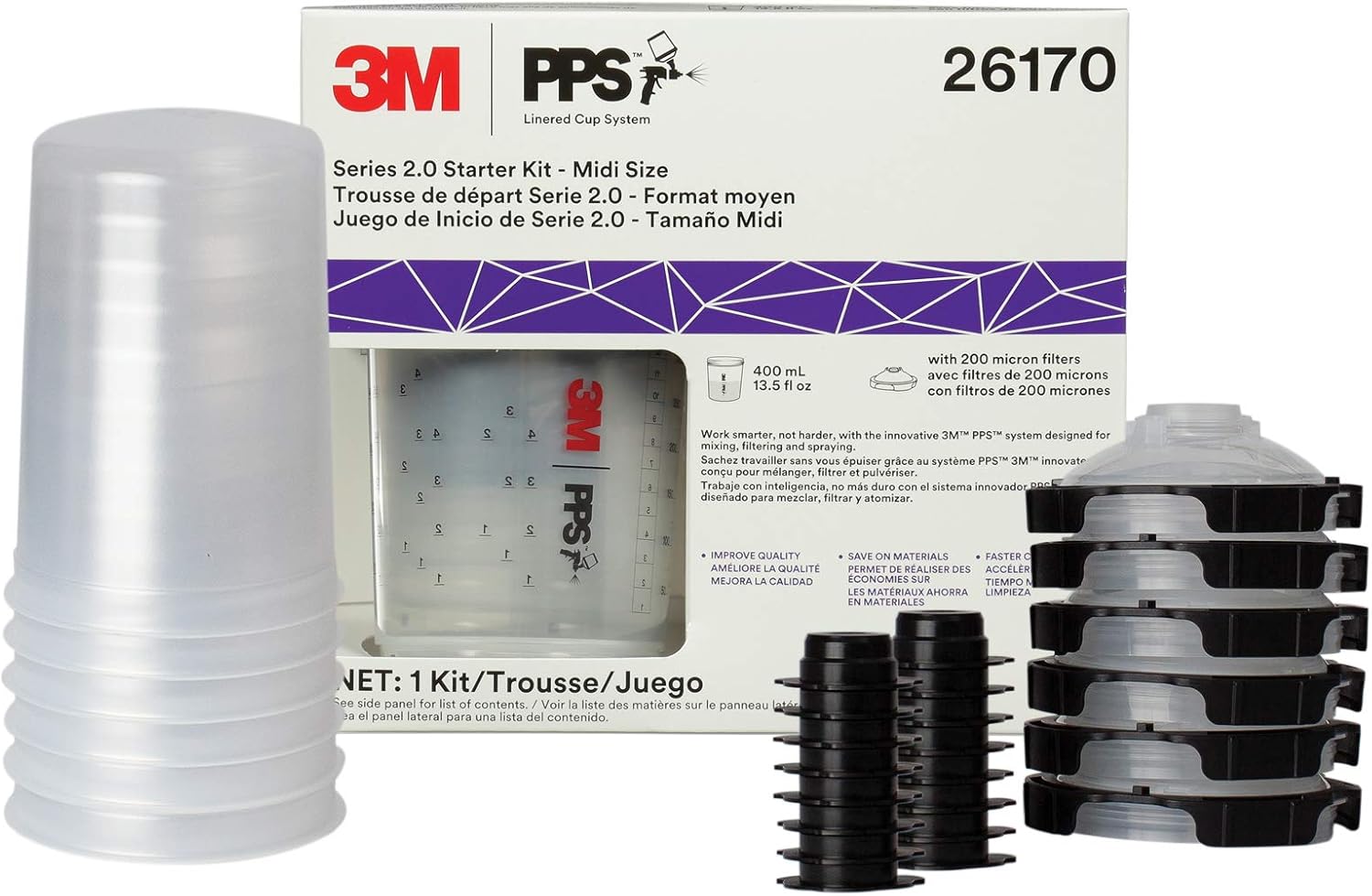 3M PPS 2.0 Paint Spray Gun System Starter Kit 26170,13.5 Ounces,200-micron Filter,Use for Cars,Furniture,Home & more,1 Cup,6 Disposable Lids and Liners,16 Sealing Plugs