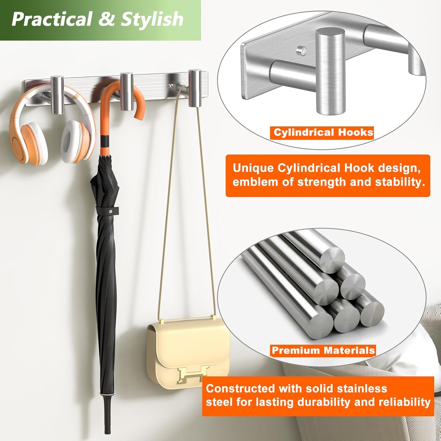 Wall Mounted Coat Rack-3 Hooks, Heavy Duty Stainless Steel Hook Rail for Towel Coat Hat Purse Bag Jacket, Towel Hooks for Entryway Bathroom Kitchen (Silvery 3 Hooks - 1 Pack)