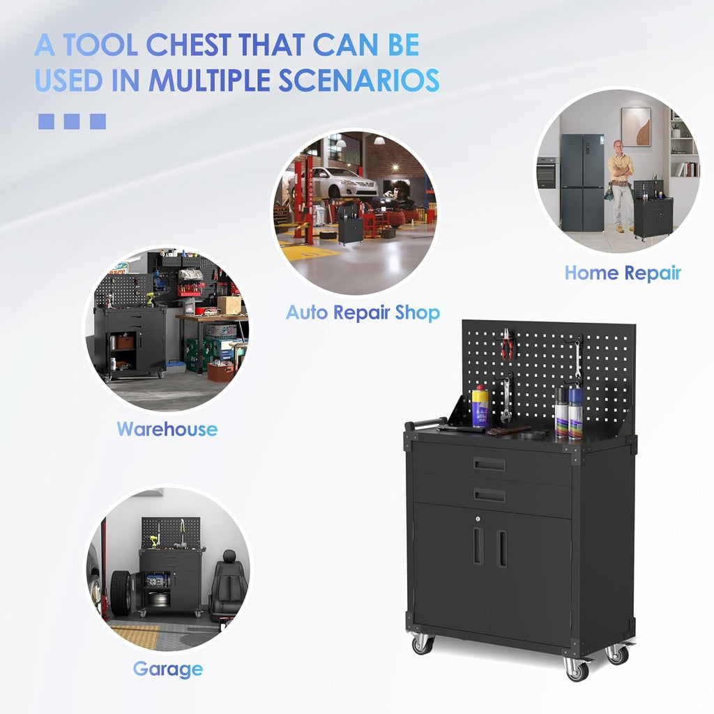 Black Tool Cart with Pegboard and 4 Hooks,Garage Storage Cabinet on Wheels with 2 Drawer,Industrial Service Utility Tool Cart for Mechanics, Garage, Workshop