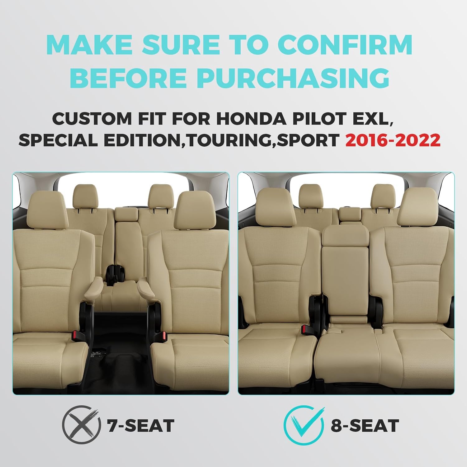 for Honda Pilot Seat Covers,Car Seat Protectors Full Set Custom Fit Pilot EX-L, Special Edition, Touring, Sport 2016 2017 2018 2019 2020 2021 2022-8 Seats, Full Coverage Waterproof, Beige