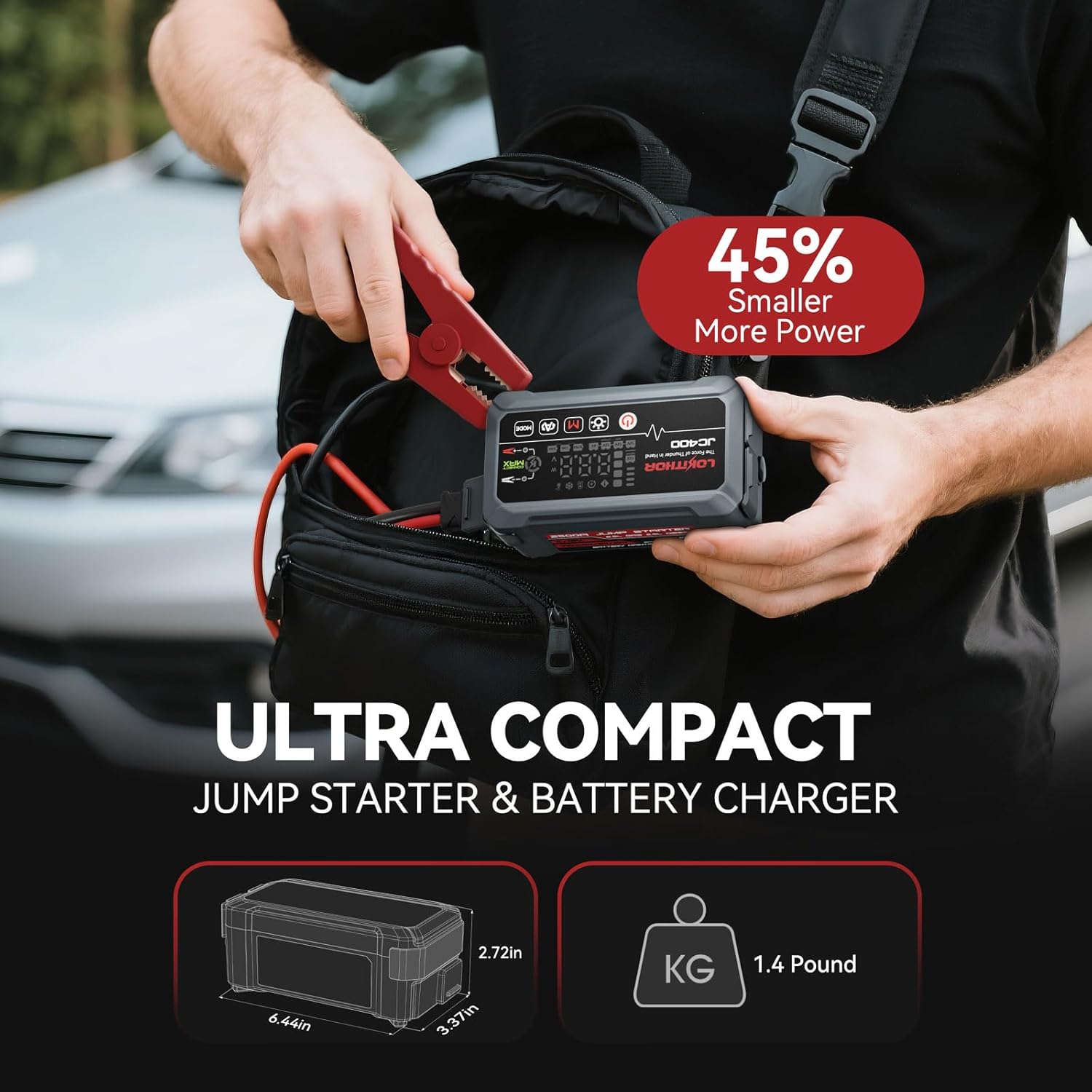 JC400 9-in-1 Battery Charger and Jump Starter, 2500A 12V Portable Jump Box for Car Upto 8.5L Gas/6.5L Diesel, 750mA/1A/2A, 6V/12V Automotive Battery Maintainer, Trickle Charger and Desulfator