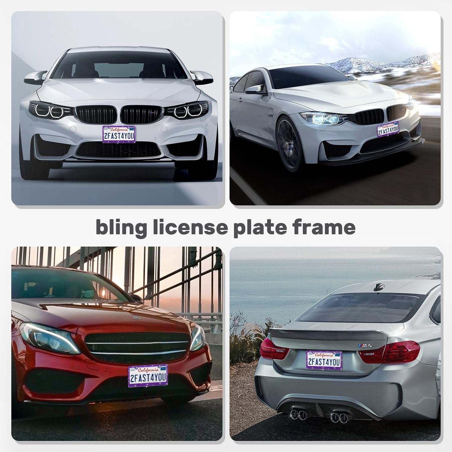 2 Pack License Plate Frames for Women, Sparkly Rhinestone Diamond Car Accessories with Glitter Crystal Caps (Violet（2PCS）)