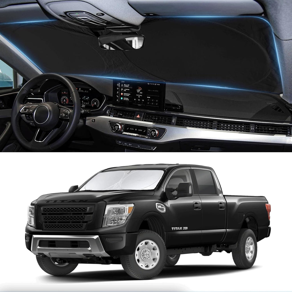 Custom Fit Titan Windshield Sunshade for 2020-2023 2024 2025 Upgrade Nissan Titan Front Window Sun Shades Shield Cover for Windshield Foldable 210T Sun Visor Protector Blocks UV Ray Car Accessories
