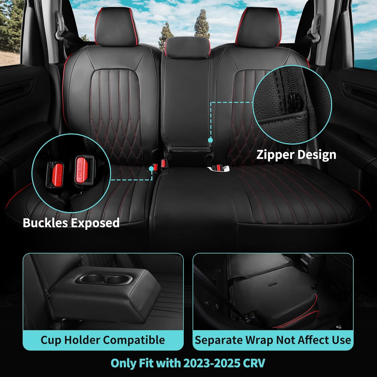 Seat Covers for Honda CRV 2023 2024 2025 2026 EX/EXL/LX/Sport/Touring/Special Edition, Hybrid & Gas, 1:1 Custom Leather Seat Covers Full Set - BlackRed