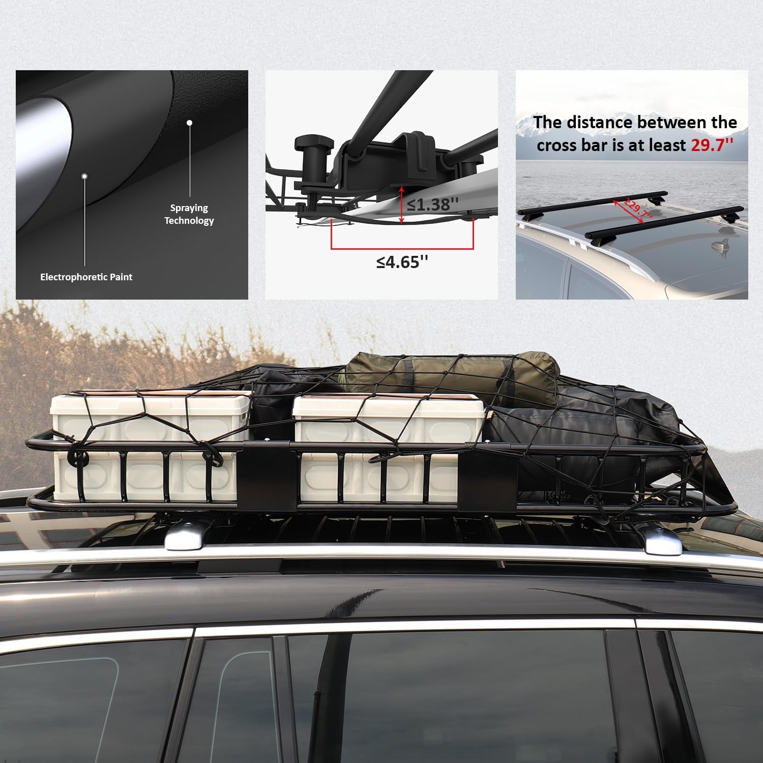 FORWODE Roof Rack Carrier Basket, 64" x 39" Rooftop Cargo Carrier Basket with 250 Lbs Capacity, Rust-Proof Steel Heavy Duty Car Top Luggage Basket