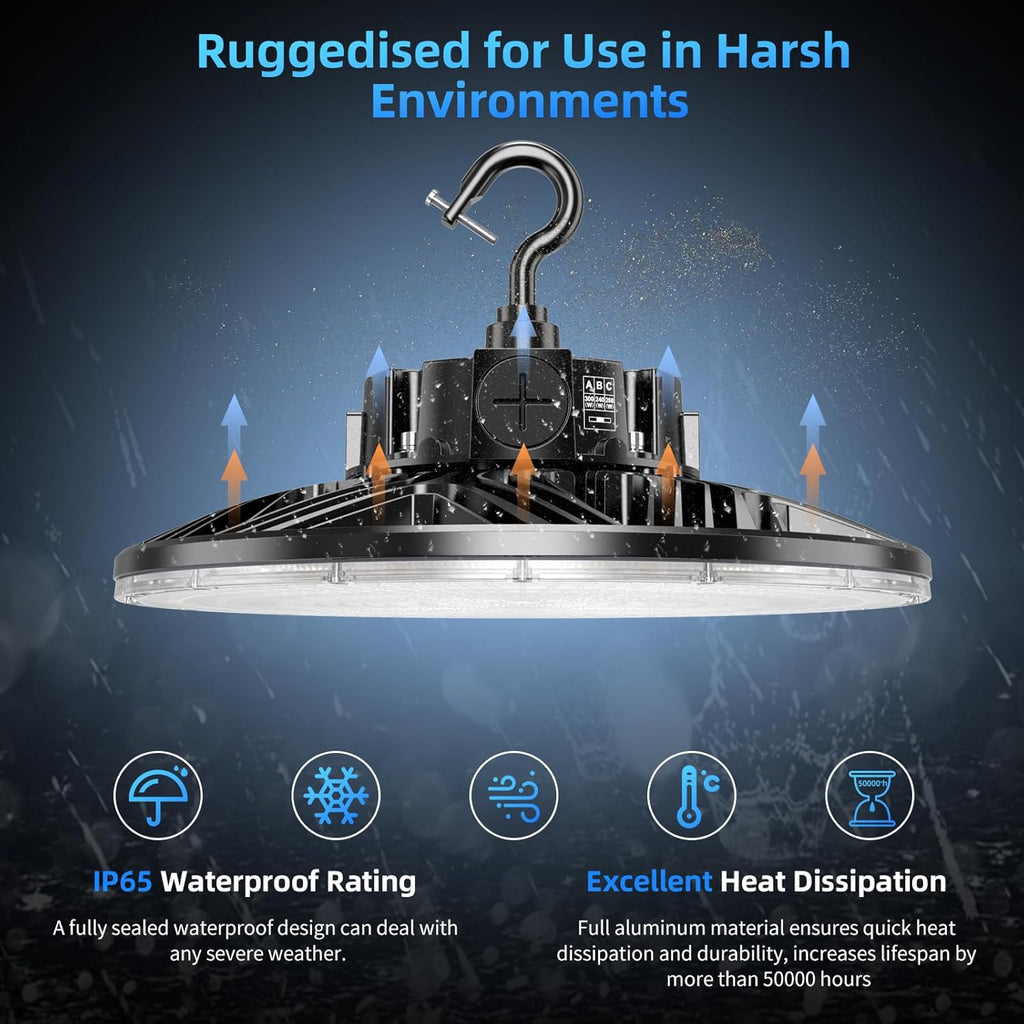 480V LED High Bay Light 300W 240W 200W Adjustable UFO Light 42000LM ETL DLC Listed Dimmable High Bay LED Shop Lights 5000K Daylight IP65 Waterproof Commercial Bay Lighting for Warehouse Factory