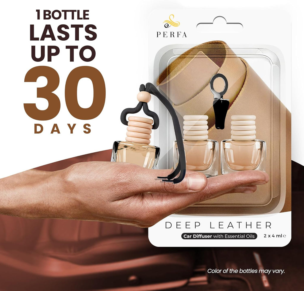 Deep Leather Car Air Freshener for Men | Pack of 2 Long Lasting Automotive Air Freshener | Odor Eliminator Car Perfume with Essential Oils | Car Air Freshener Vent Clip by Perfa