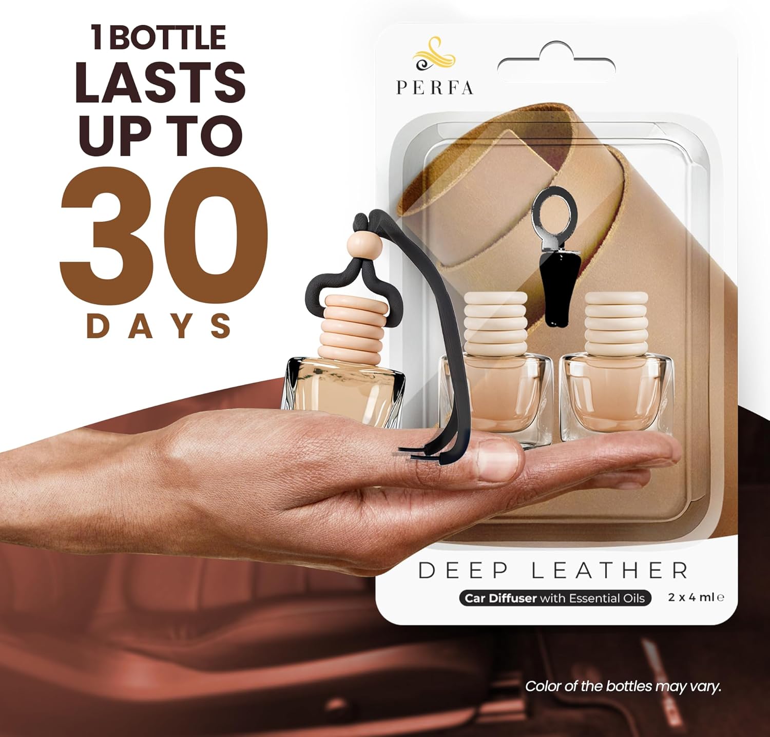 Deep Leather Car Air Freshener for Men | Pack of 2 Long Lasting Automotive Air Freshener | Odor Eliminator Car Perfume with Essential Oils | Car Air Freshener Vent Clip by Perfa