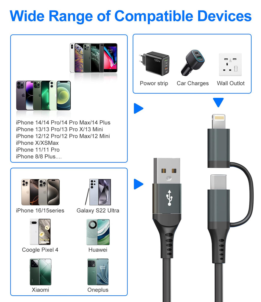 USB to USB C and Lightning Cable Support Apple Carplay & Android Auto - 3A Fast Charge & 480Mbps Data Sync Coiled Lightning Cable USB C iPhone Charger Cord for iPhone 16 15 14 13 12 11 Android