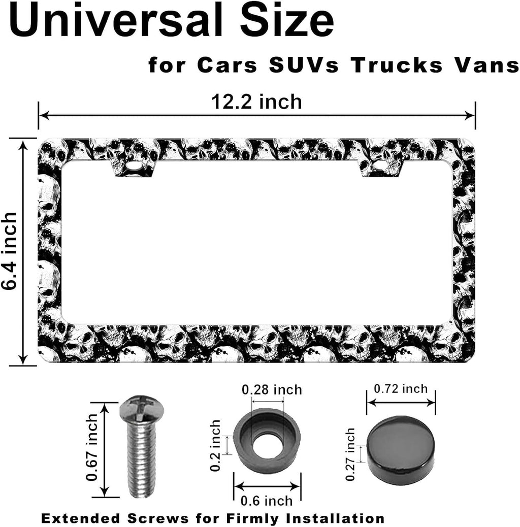 2Pack of Skull License Plate Frames Horror Skull Car Decor Accessories,Metal Black and White Skull License Plate Frame Cover Tag Holder Bracket