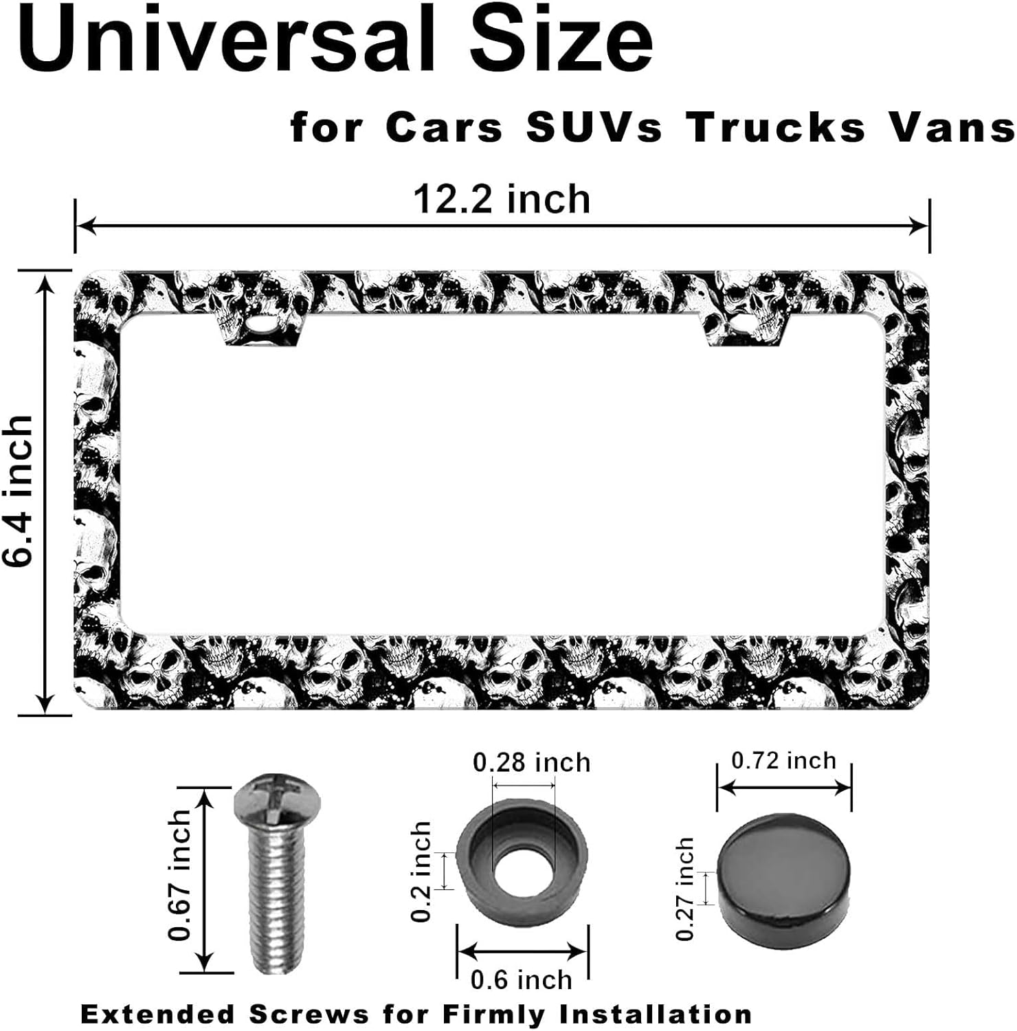 Skull License Plate Frame Black and White Skull License Plate Holder Cool Auto Accessory Car Decor Bracket Aluminum License Tag Plate with Anti-Theft Screw Caps-1Pcs