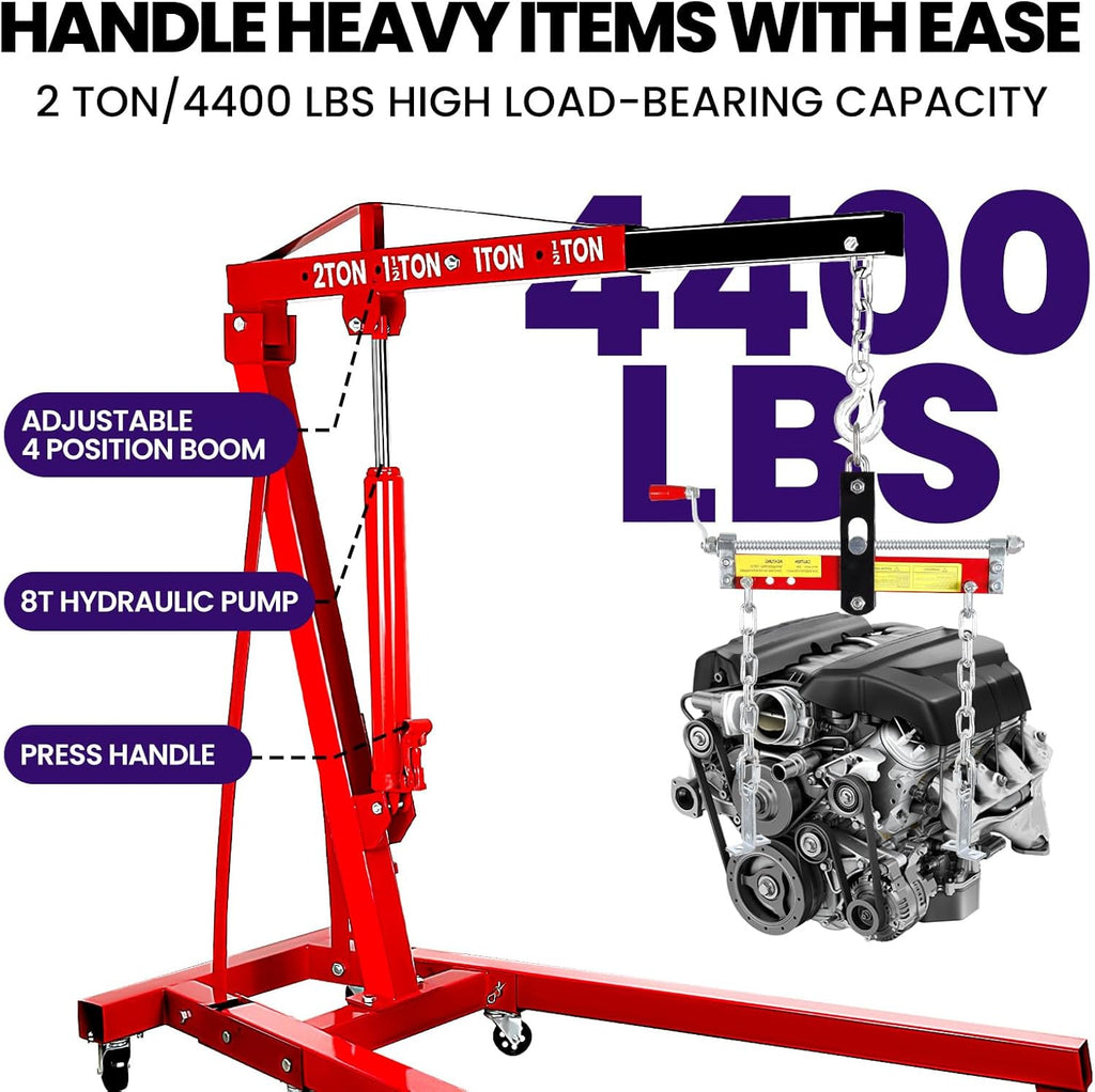 RQR Engine Hoist 2 Ton, Hydraulic Cherry Picker Engine Lift Crane with Leveler, Foldable Shop Crane with Adjustable Boom & 6 Caster Wheels, Heavy Duty Motor Hoist for Garage Engine Jack Lifting