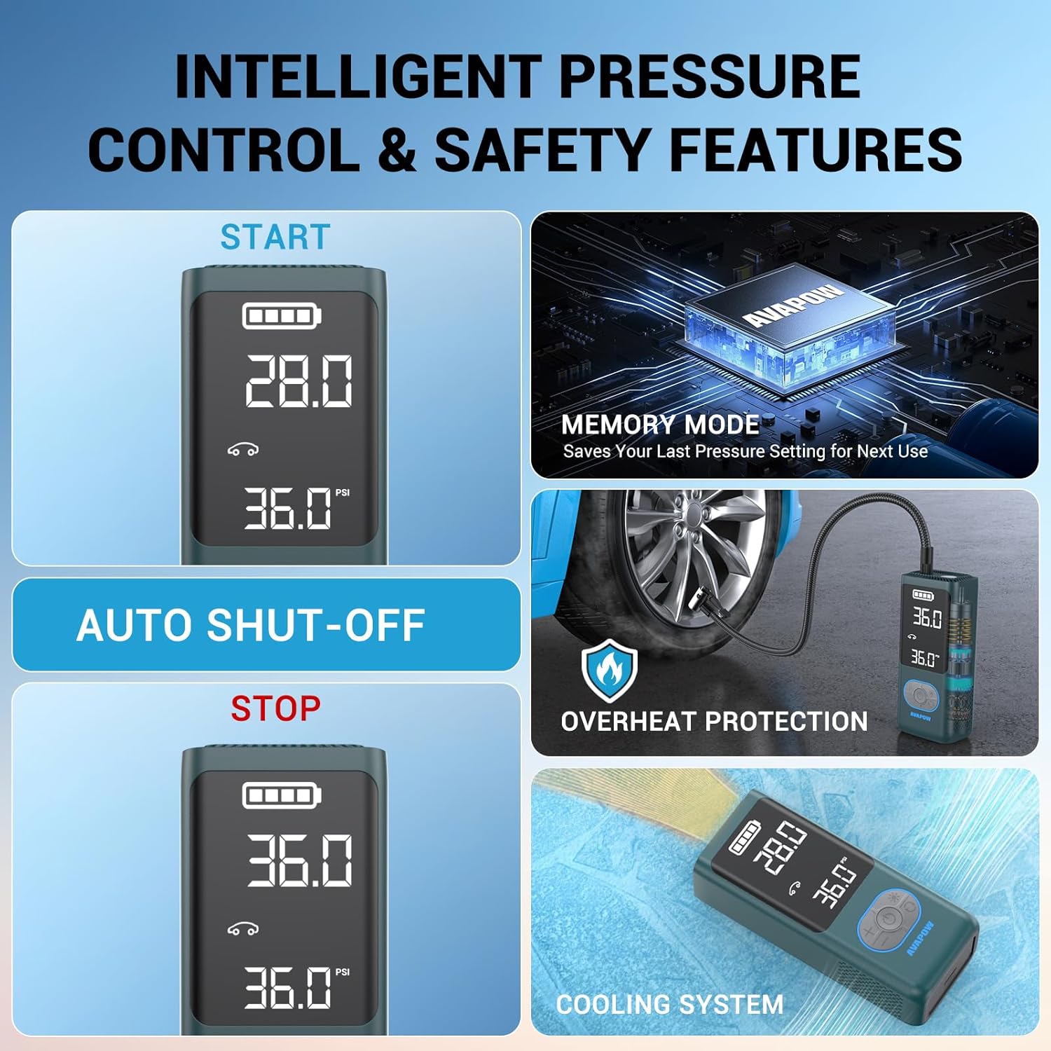 AVAPOW AP18 Tire Inflator Portable Air Compressor, 300% Faster 150 PSI Cordless Air Pump with Tire Pressure Gauge, 3.7″ Dual LCD Screen, Auto-Shuts Off Tire Pump for Car, Motorcycle, Bicycle, Cyan