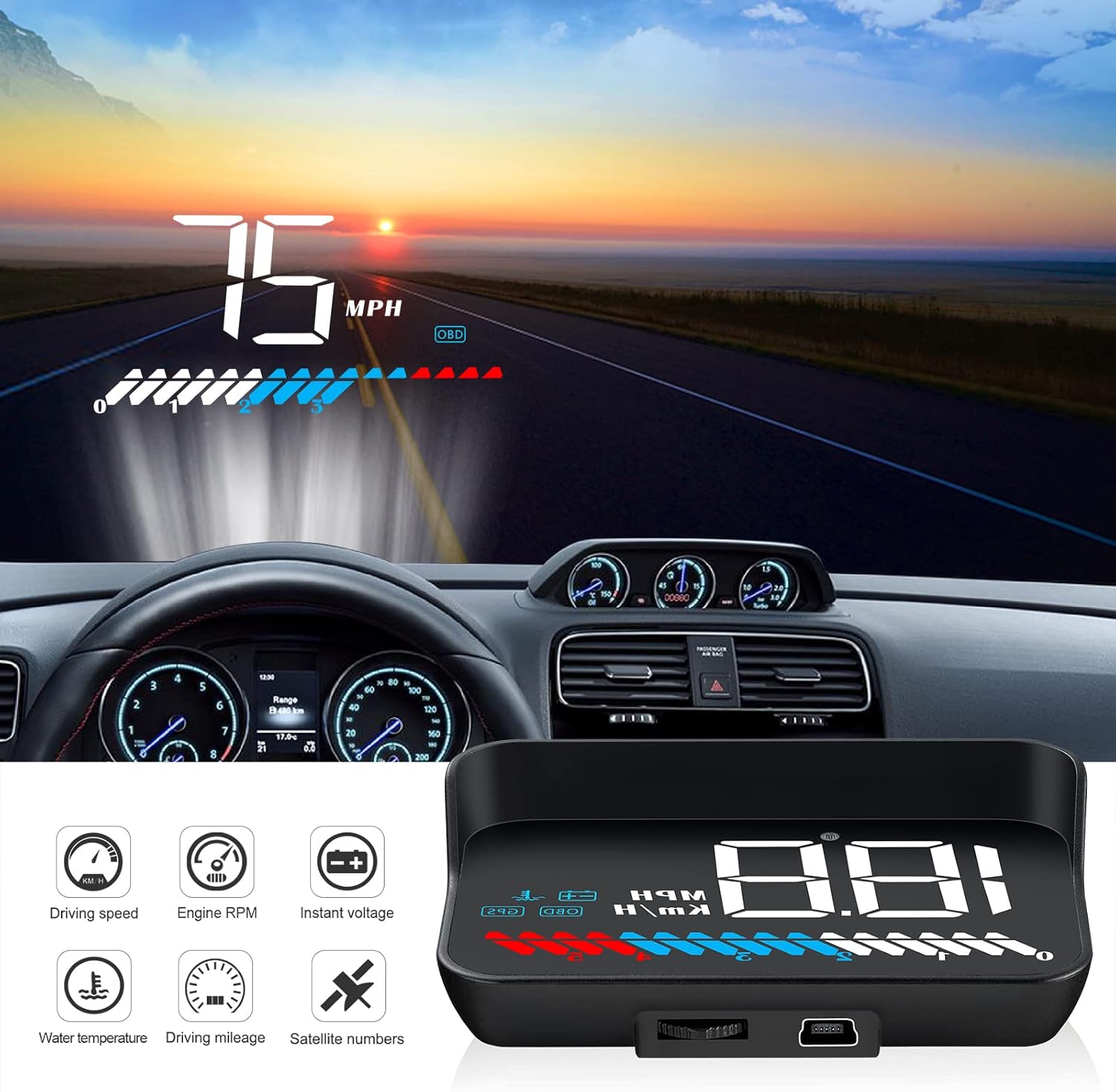 Heads up Display for Cars Car HUD M7, Digital Speedometer for Car OBD/GPS Smart Gauge, Driving Speed, Engine RPM, Voltage, Water Temperature, Etc.., Speedometer for Car Works Great for All Cars
