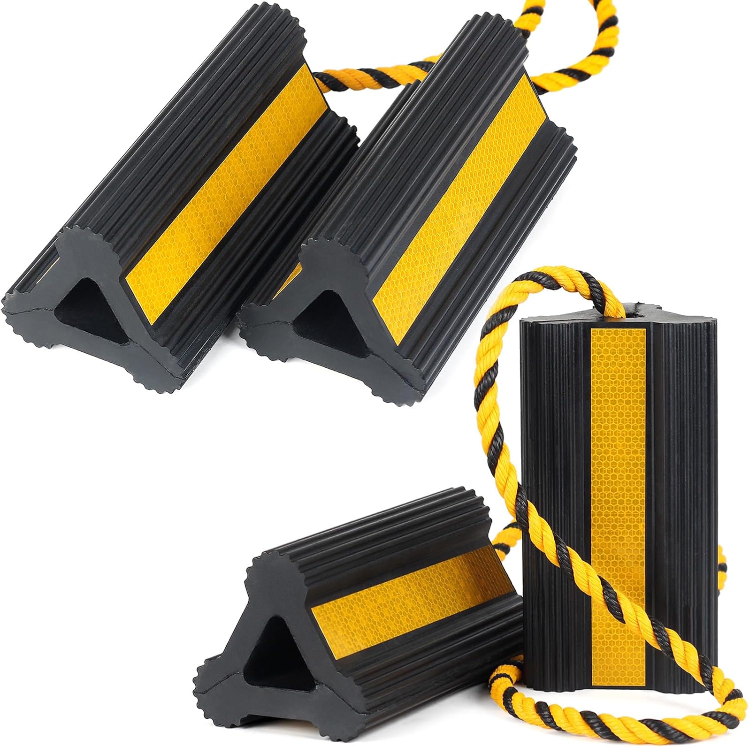 Heavy Duty Rubber Wheel Chocks, 2 Pair, Non-Slip Tire Stopper Blocks with Rope, for RV Camper Travel Trailers Motorhome Aircraft Car Truck