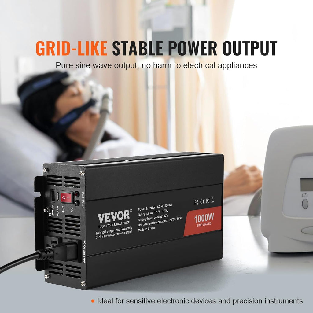 VEVOR 1000W Pure Sine Wave Inverter, DC 12V to AC 120V Power Inverter with 2 AC Outlets 1 USB Port 1 Type-C Port, Remote Control for Small Home Devices Like Smartphone Laptop, CE FCC Certified