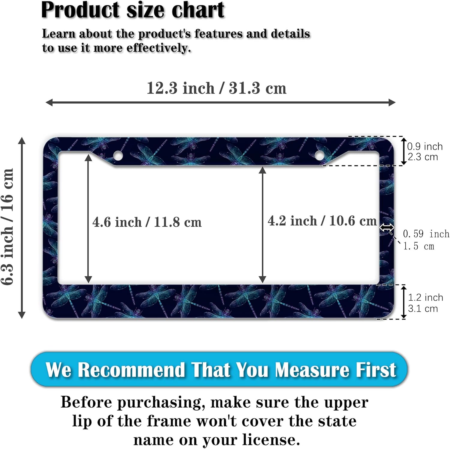 License Plate Frames Black Blue Automotive Exterior Accessories Beautiful Dragonfly Insects Aluminum Metal Car Accessory 2 Pack with Screw Covers Set