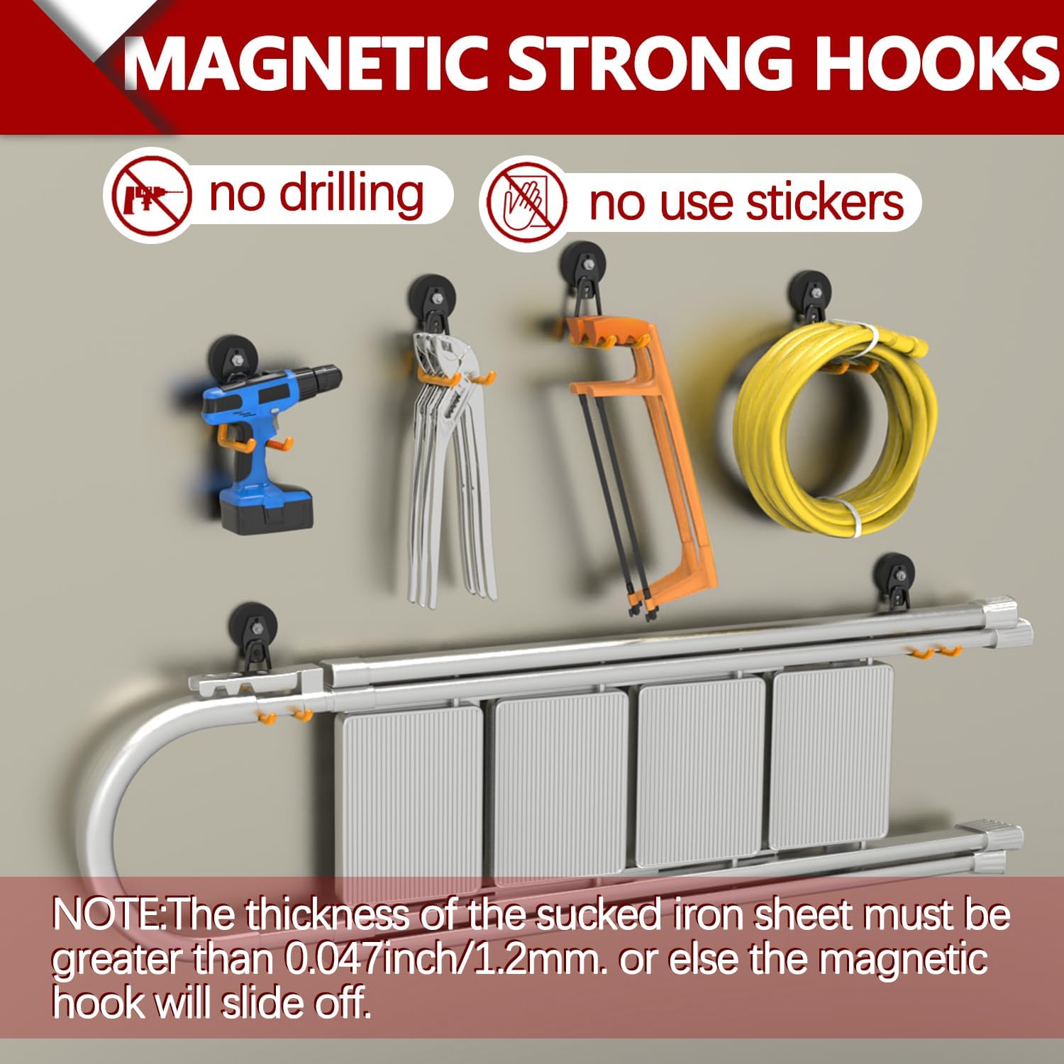 3-H Heavy Duty Magnet Garage Hooks 2 Pack, Extra Large Strong Magnetic Hooks for Hanging Cordless Power Drill, Utility Magnetic Tool Holder for Metal Cabinet, Steel Pegboard, Toolbox, Garage(Orange)