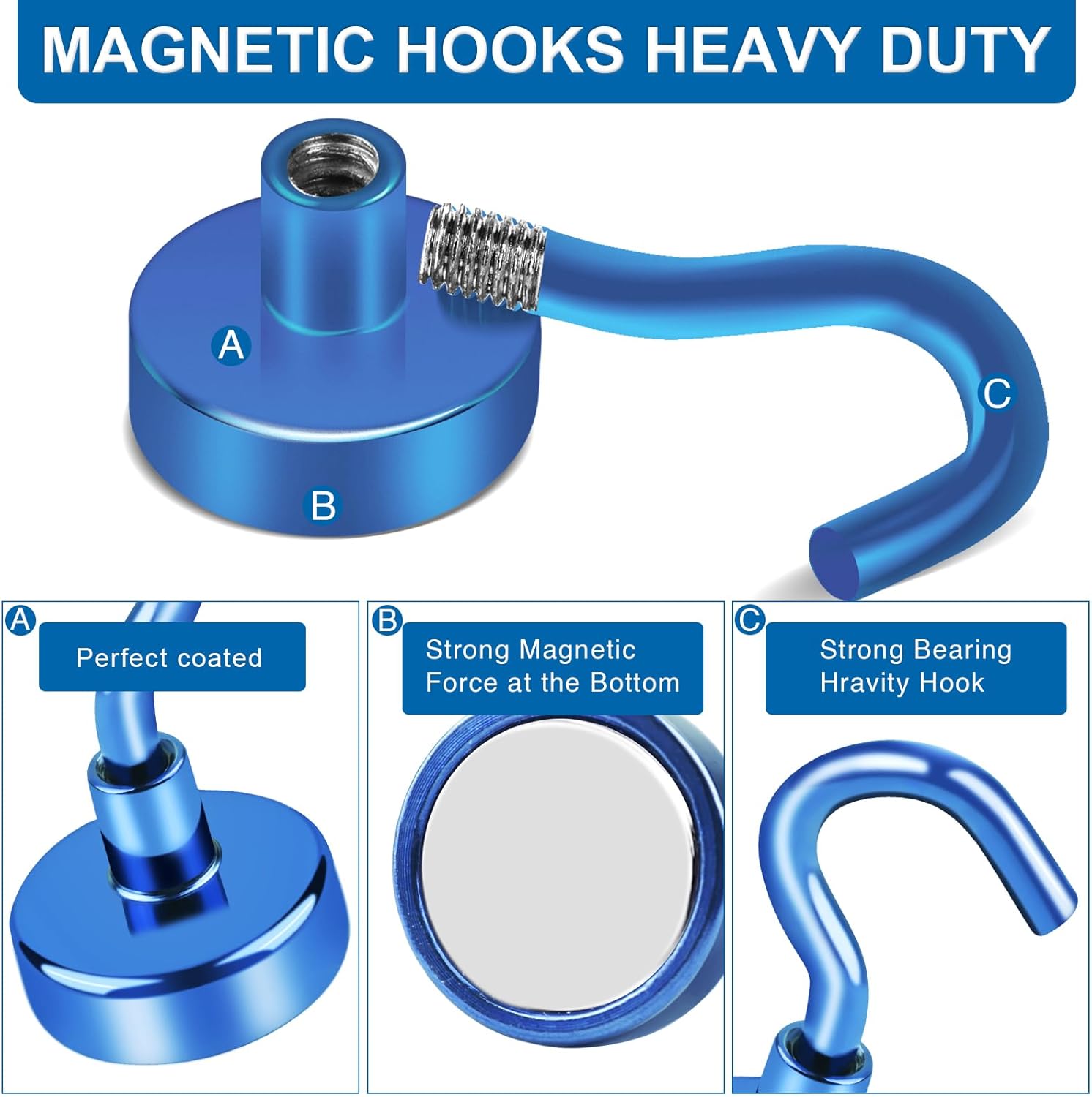 LOVIMAG Cruise Ship Essentials, 110Lbs Cruise Door Magnets, Blue Cruise Magnetic Hooks, Magnetic Hooks Heavy Duty for Hanging Celling, Grill, Refrigerator Kitchen-6 Pack
