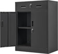 Metal Storage Cabinet, Locking Cabinet with One Drawer and Adjustable Shelf, 36.2" H x 28" W x 16" D Steel Storage Cabinet for Office, Garage, Home-Black