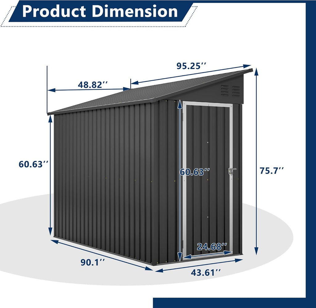 Shed Lean to Storage Shed, Outdoor 4' x 8' Metal Wall Side Storage Sheds & Outdoor Storage, Garden Storage Cabinet for Backayrd, Patio and Outdoor Use,Black