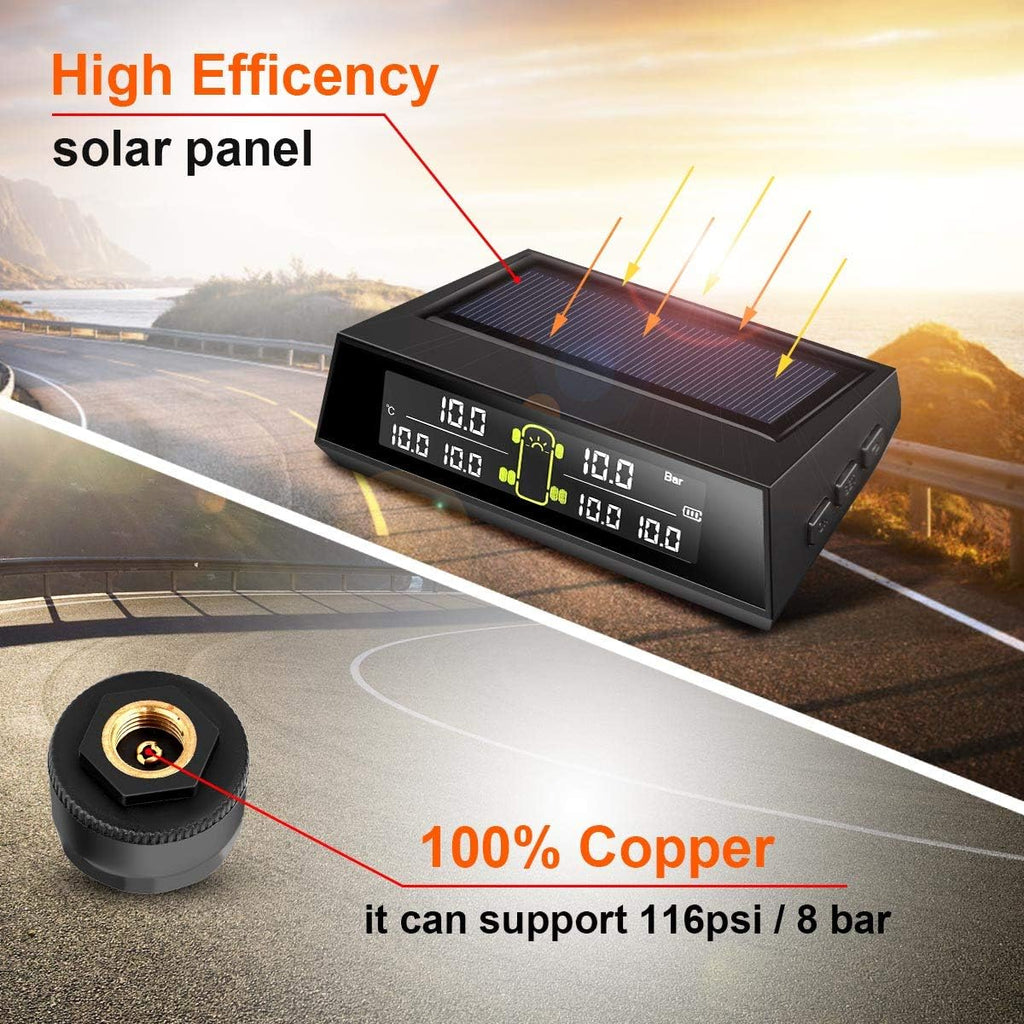 RV TPMS Tire Pressure Monitoring System, TS200 Solar Wireless TPMS with 6 Tire External Sensors Digital LCD Display RV Auto Security Alarm for Car RV Trailer Truck Tow Motorhome