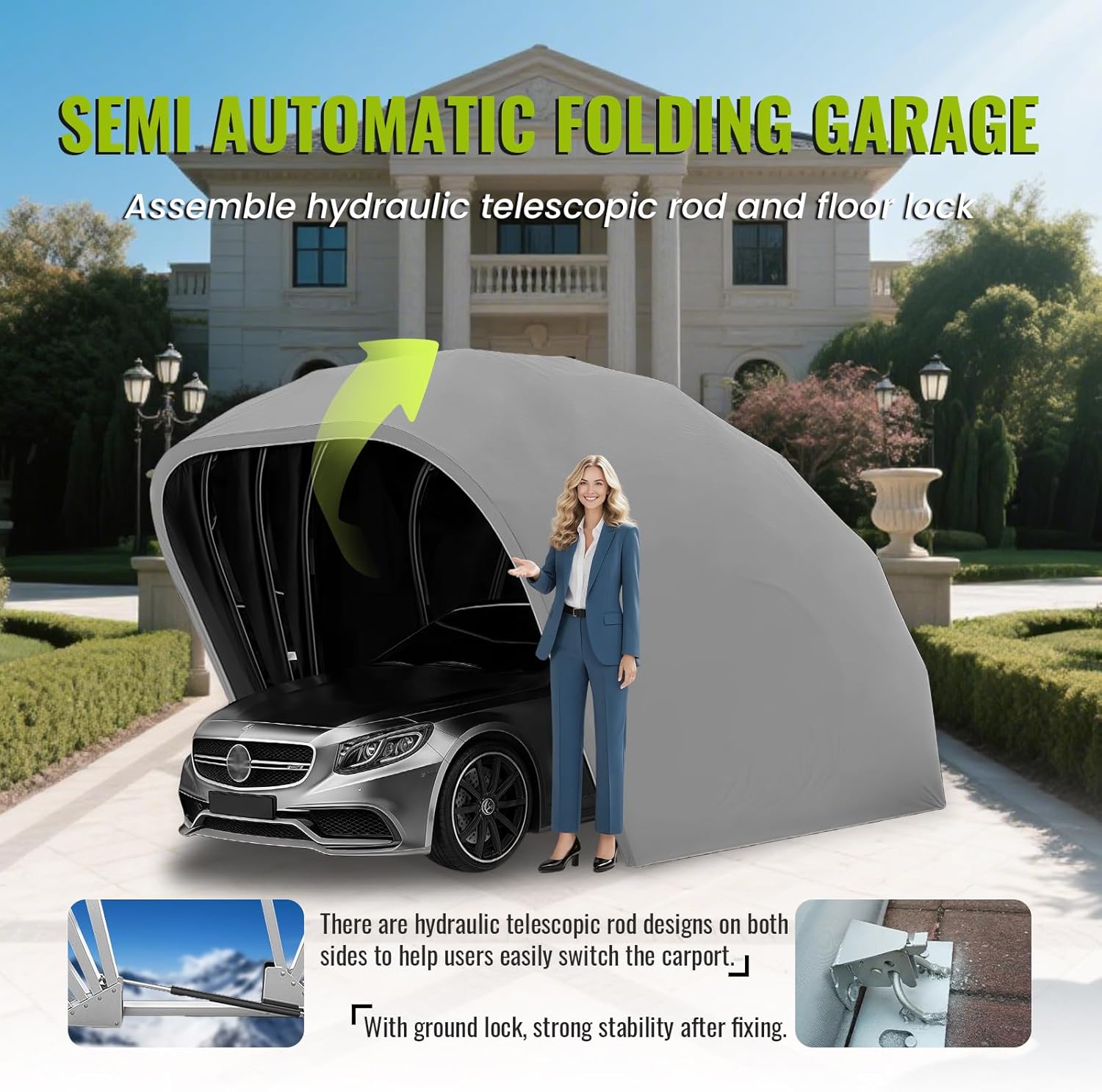 Heavy Duty Stainless Steel Carport,Semi-Automatic Carport, Retractable Car Port Awning, Portable Foldable Garage Canopy Tent for Outdoor,Lockable,Durable Shelter,Grey,18×8.2×7.5FT