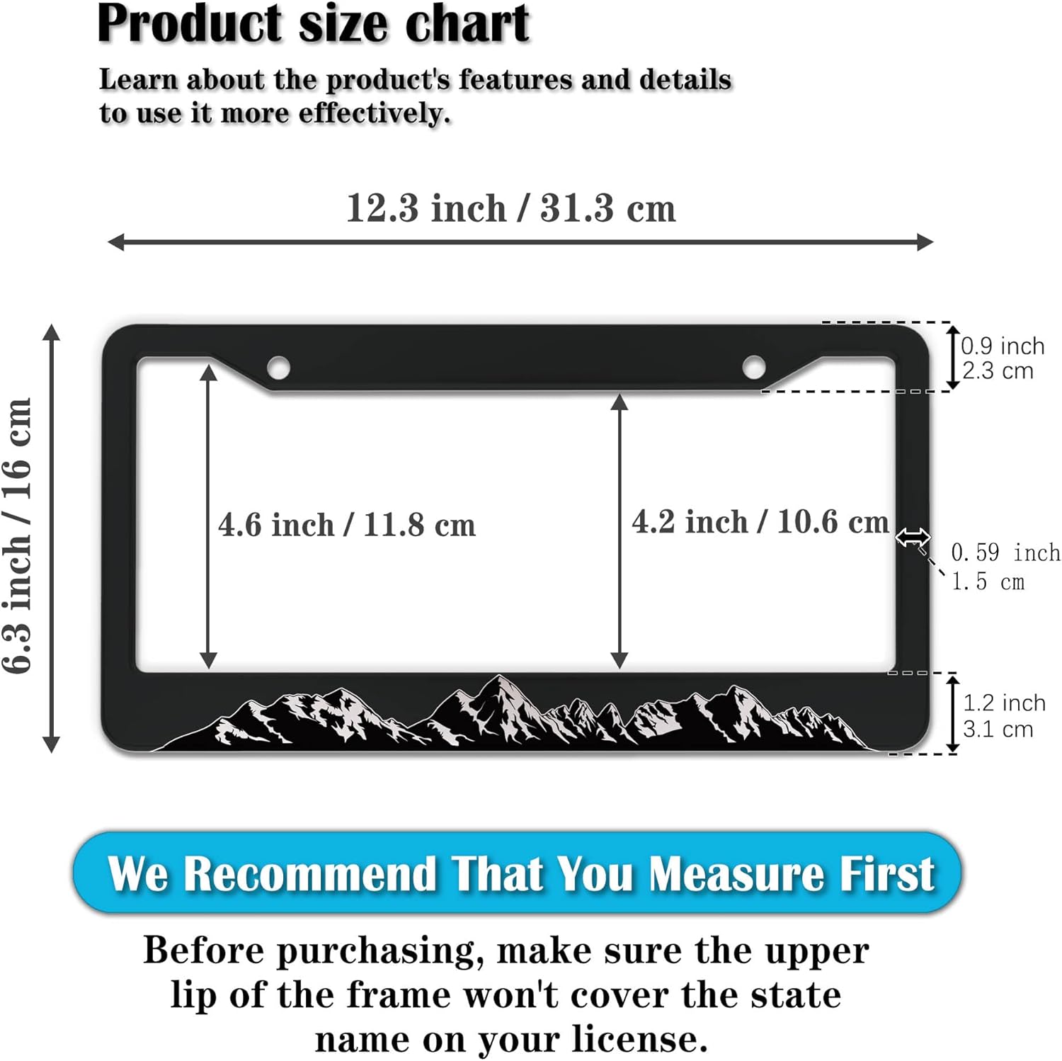 License Plate Frames for Men Black and White License Plate Frame for Women Mountains Aluminum Metal Car Accessory 2 Pack with Screw Covers Set