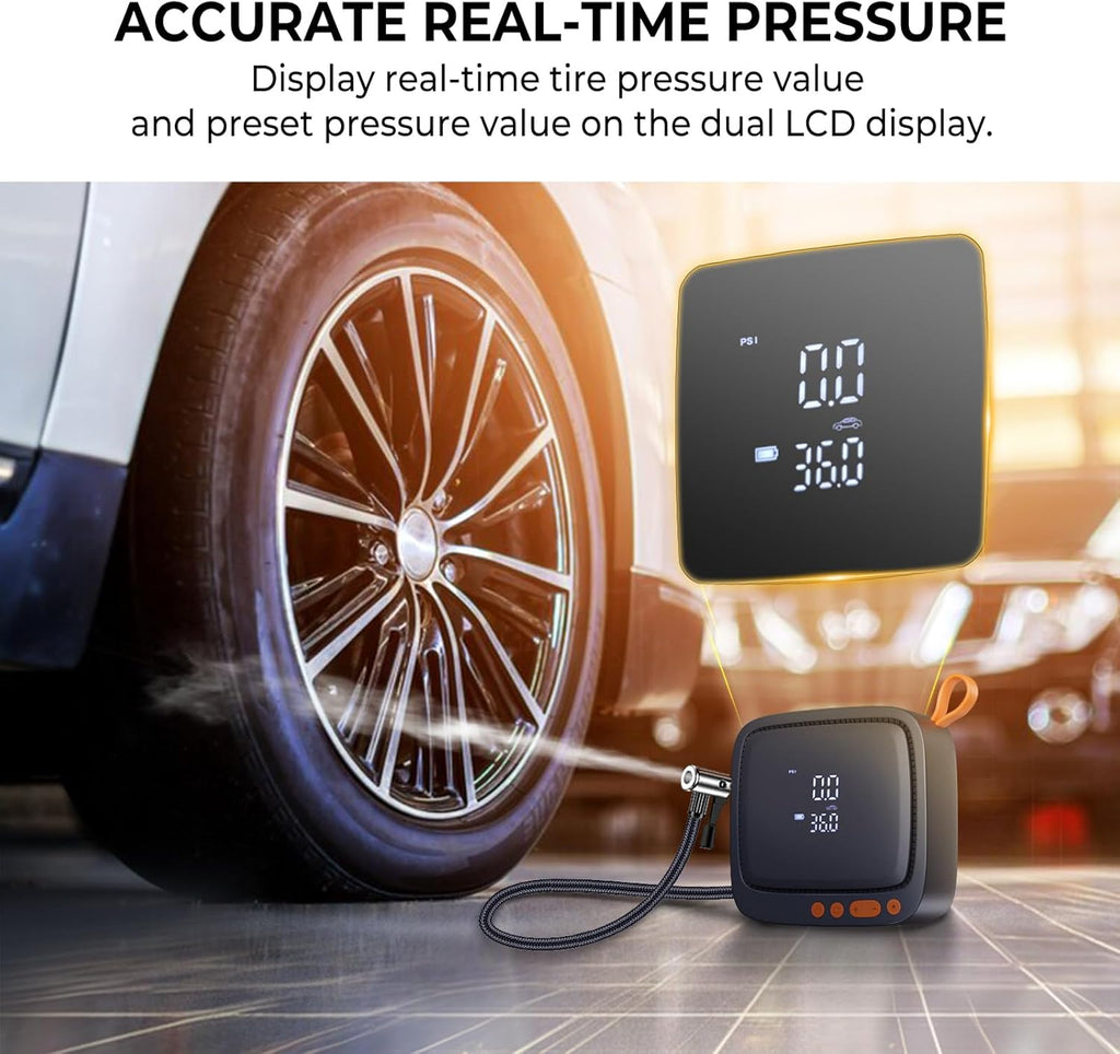 AP22 Tire Inflator Portable Air Compressor, 150 PSI Faster Inflation Cordless Air Pump, Dual Power & Digital LCD Display, Auto Shut-Off, Tire Inflator for Car, Bicycle, Motorcycle, Ball