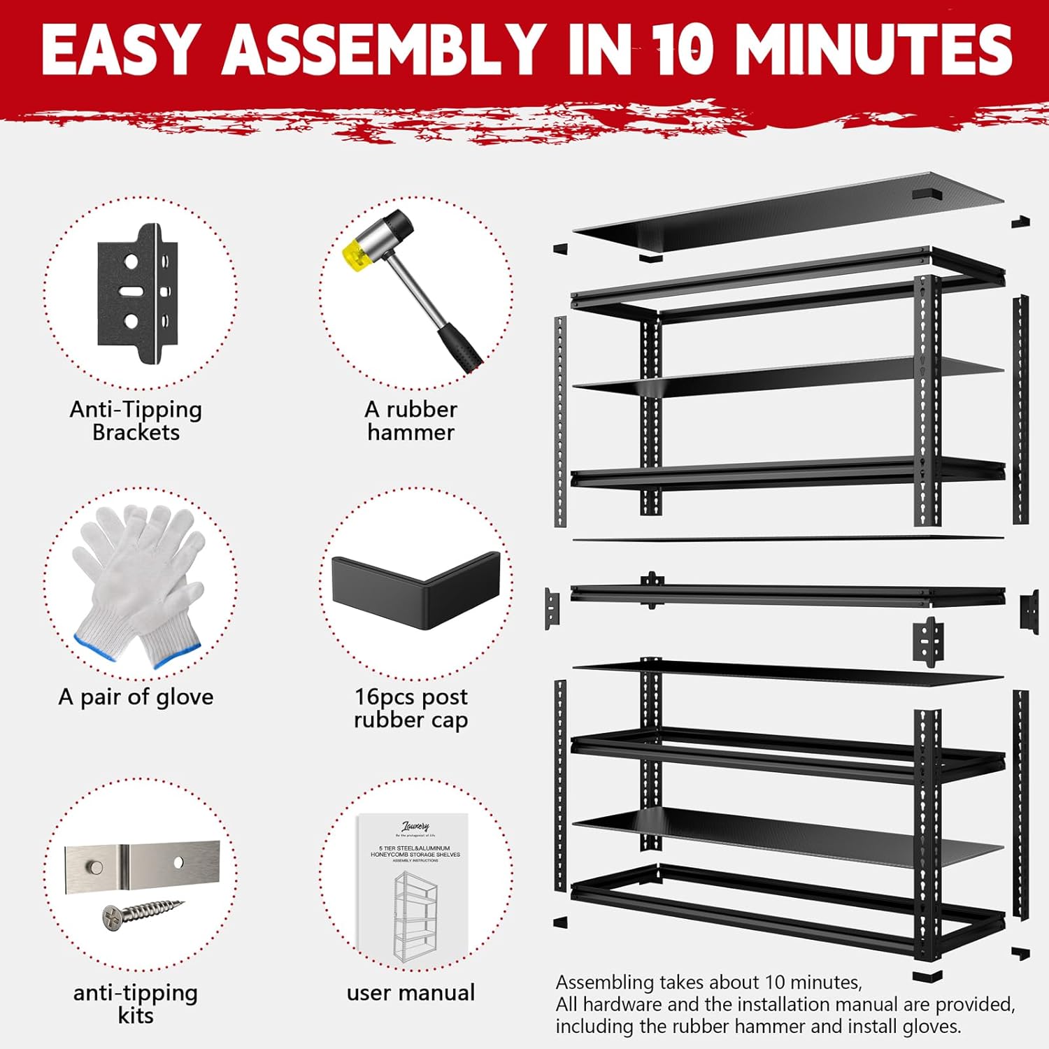 Heavy Duty Garage Shelving Unit 3000LBS, Adjustable 5-Tier Storage Rack with Boltless Design, 48" W*18.9" D*72" H Metal Shelves for Basement, Garage & Warehouse Storage