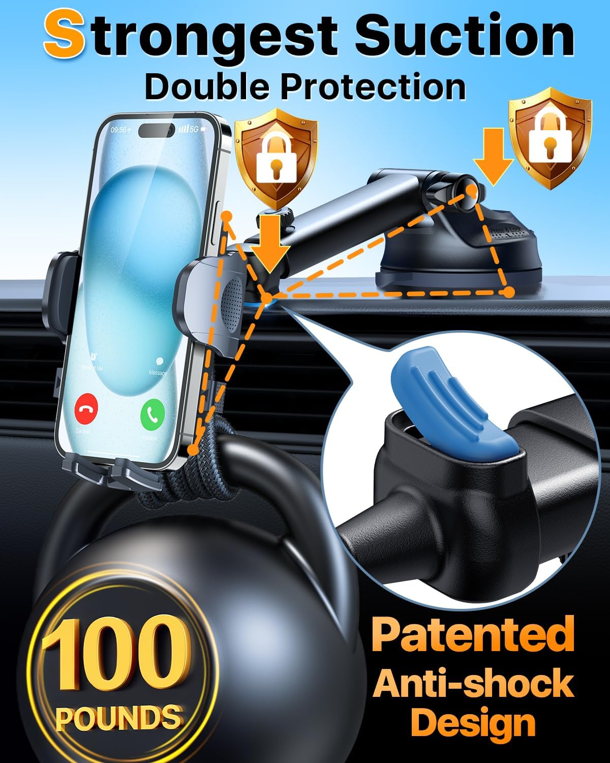 HTU 2025 Best Car Phone Holder 【Ultimate 5-in-1 & Upgraded 100+LBS Strongest Suction】【True Military-Grade & Safety Cert】 360° Windshield Dashboard Vent Mount Stand for iPhone Android & Truck, Green