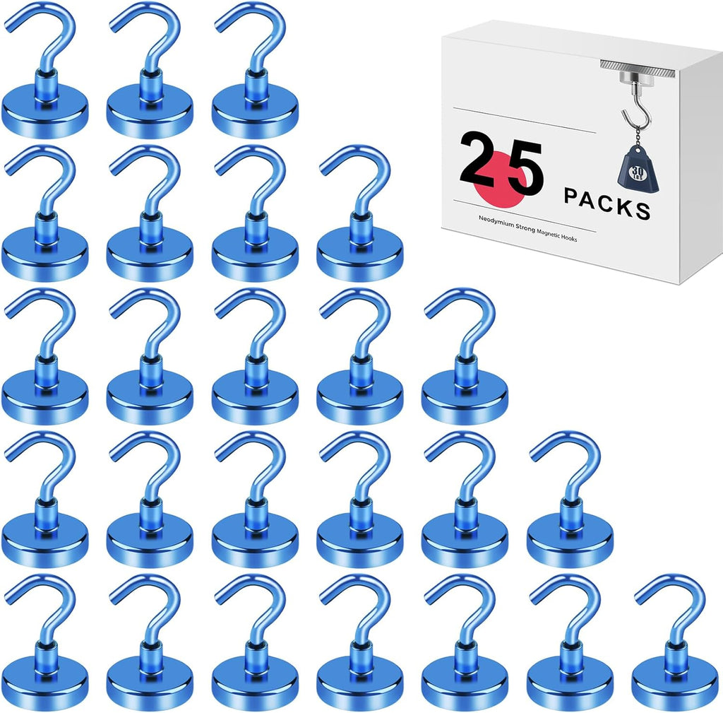 LOVIMAG Magnetic Hooks for Cruise Cabins, 80lbs Blue Magnetic Hooks for Classroom, Strong Magnets with Hooks for Hanging, Neodymium Magnet Hooks for Fridge, Ceiling, Locker, Camper, Travel-25 Pcs