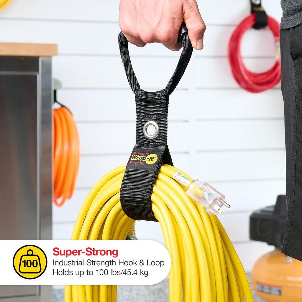 Easy-Carry Wrap-It Storage Straps - 17" (2-Pack) Black with Grommet - Extension Cord Organizer with a Handle for Cable and Hose Storage